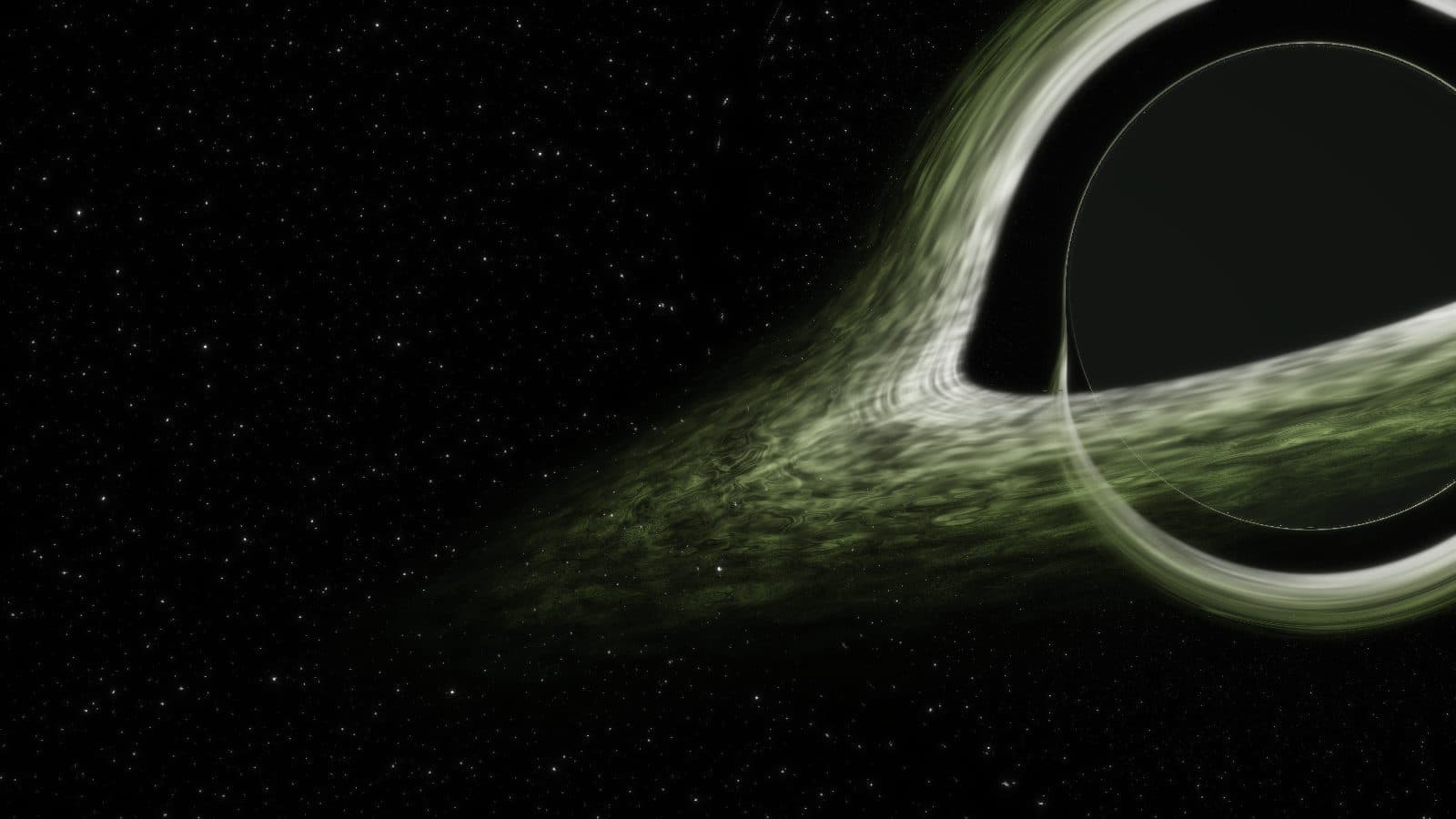 A black hole bending a sage and ivory accretion disk against a dark star field